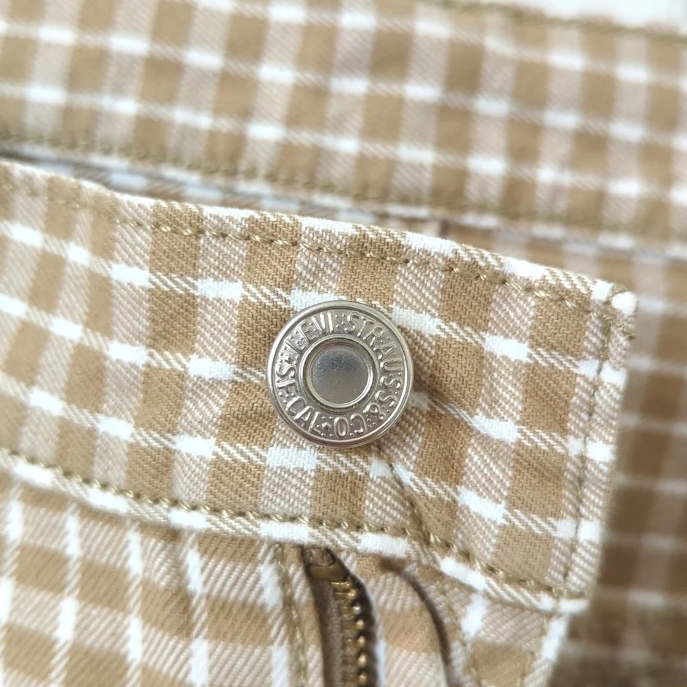 Levi's 504 Classic Checkered Plaid Regular Fit Jean Shorts Tan Brown White 38